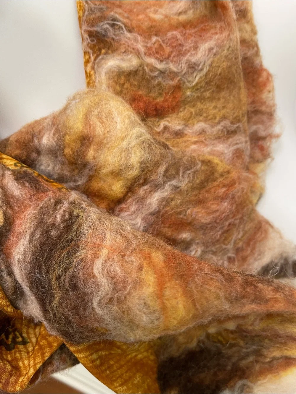 Handcrafted Nuno Felted Wool Scarf in Brown and Gold Tones